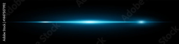 Fototapeta Minimalistic horizontal blue lens flare glowing brightly on dark background. Abstract futuristic beam ideal for digital effects, UI, technology visuals. EPS vector illustration.