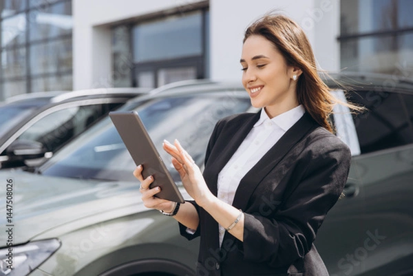 Obraz Saleswoman using tablet and working at car dealership