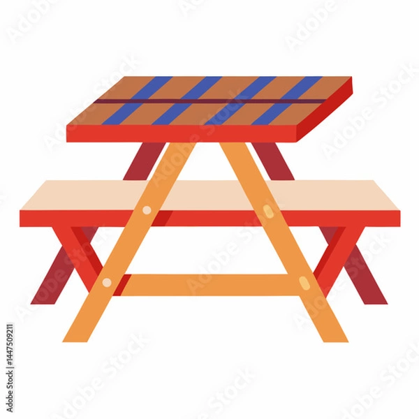 Obraz Brightly colored picnic table with striped top and wooden legs  