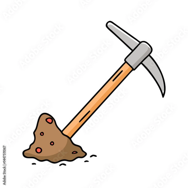 Obraz Cartoon Illustration of a Pickaxe in the Ground Unearthing Brown Soil with Red Gems