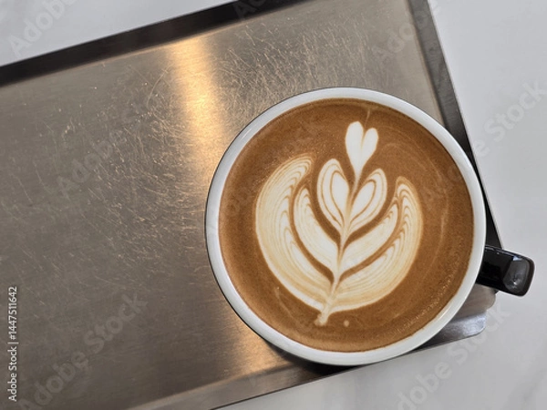 Obraz beautifully crafted latte with intricate foam art sits on stainless steel surface, showcasing heart and leaf design. warm tones of coffee create cozy atmosphere