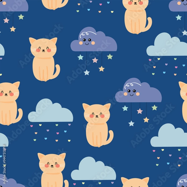 Fototapeta Seamless pattern cute cartoon cat with cloud and sky element. cute pattern for wallpaper, background and gift wrap paper