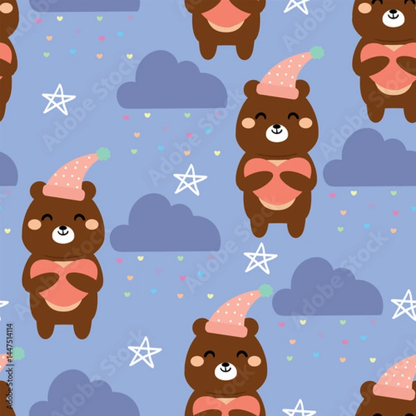 Fototapeta Seamless pattern cute cartoon bear with cloud and sky element. cute pattern for wallpaper, background, children's sleepwear and gift wrap paper