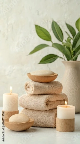 Fototapeta "Home Spa Essentials: Towels and Candles on Table"