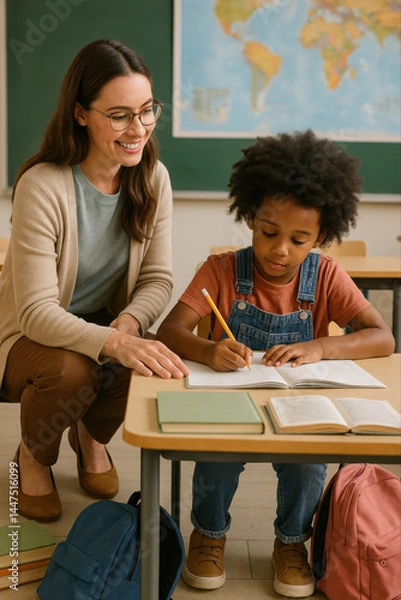 Fototapeta Soutien scolaire individuel entre élève et enseignant dans une salle de classe chaleureuse