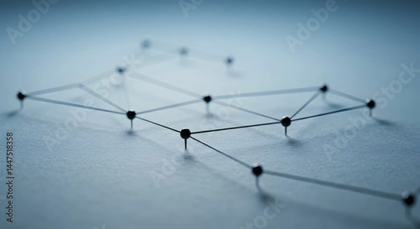 Fototapeta Abstract Network Connection of Pins and Lines on Paper in Soft Blue Tones Showing Interconnected Business Structure Concept