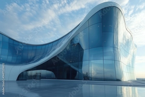 Fototapeta Modern glass building with curved walls and sky reflection, low-angle view.