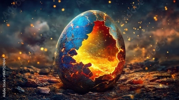 Fototapeta Colorful egg cracked open, with golden inner light and glowing fairy lights softly surrounding it