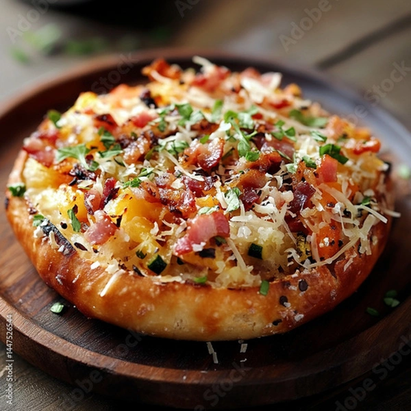 Fototapeta A bagel half cut in the center, topped with a fried tempura consisting of pureed vegetables, topped with some bacon crumbles and cheese to form an open mixed vegetable tempura bagel.