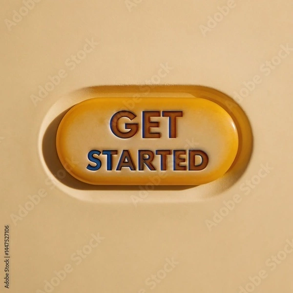 Fototapeta Close-up of a raised, pill-shaped button with the words 'GET STARTED' on a neutral colored surface.