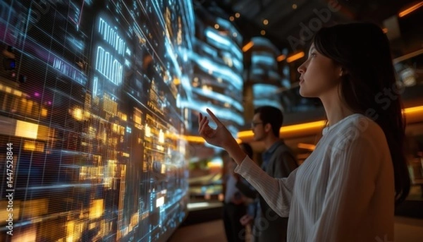 Obraz Woman Interacting with Futuristic Digital Interface Display