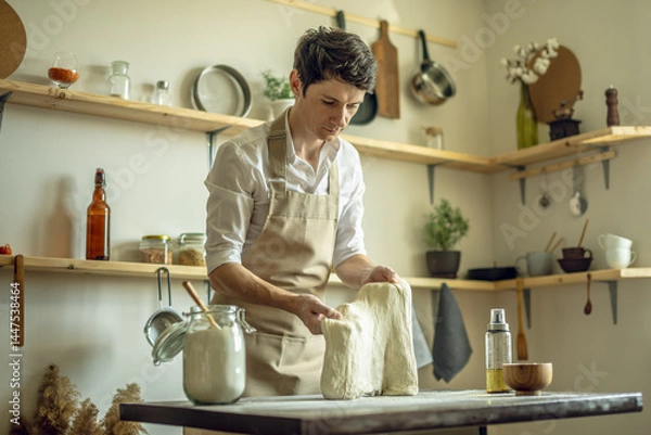 Obraz A baker in an apron kneads the dough with his hands and sprinkles it with flour to bake delicious homemade bread.