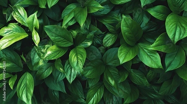 Obraz Close-up top view of green plants with numerous leaves on a green leaves background, featuring dark green background with lush foliage of grasses and ferns, showing intricate details of plant life.