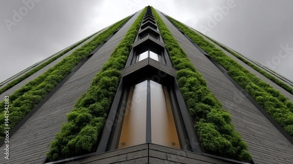 Obraz Sleek modern glass skyscraper, featuring vertical greenery for improved air quality and thermal regulation - building insulation green plant garden