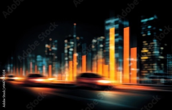 Obraz Urban Night Drive: Cityscape with Dynamic Data Visualization of  Economic Growth, Showing Fast Cars Moving through the City at Night