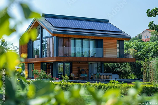 Fototapeta Experience beauty of an eco friendly modern house that embraces green energy renewable power concept, enhanced by innovative use of AI technology    