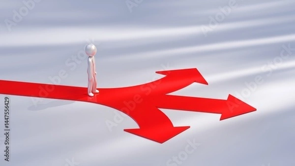 Fototapeta Metallic mannequin is walking on a red path that splits into three red arrows, symbolizing choices, directions, strategy, opportunities, and decision-making