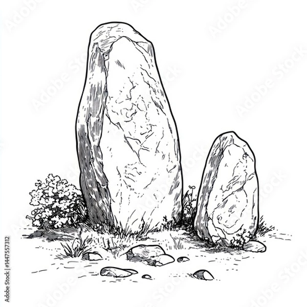 Fototapeta Two large standing stones rise amidst some grassy terrain
