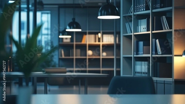 Fototapeta An elegant modern office scene with soft lighting and a sleek bookcase for Zoom calls