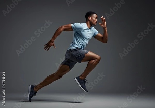 Obraz Side view of a fit man in marathon attire, standing tall in studio light