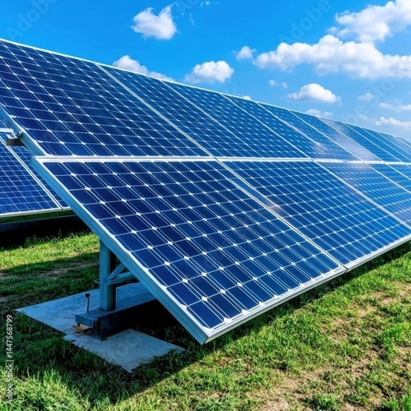 Fototapeta A field of modern solar panels harnessing sunlight for clean renewable energy on a clear day