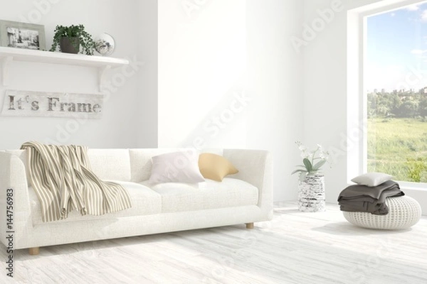 Fototapeta White room with sofa and green landscape in window. Scandinavian interior design. 3D illustration