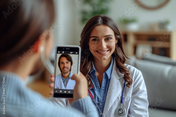 Fototapeta The ondoctor telemedicine concept involves a medical video call between a man and woman with a therapist avatar, providing virtual internet patient care through digital remote health services and ondo