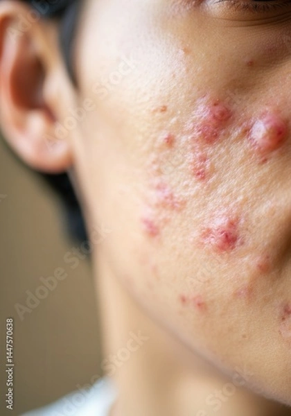 Fototapeta Close-up of adolescent's cheek with severe acne with small blemishes and redness visible.