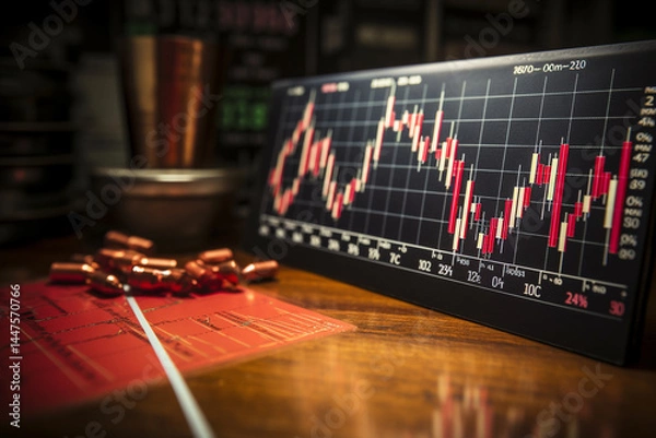 Fototapeta The red arrow indicates a chart displaying a downward trend  