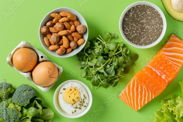 Fototapeta The top view of a bright green background showcases the key elements of the Keto diet concept, including salmon, avocado, eggs, nuts, and seeds   