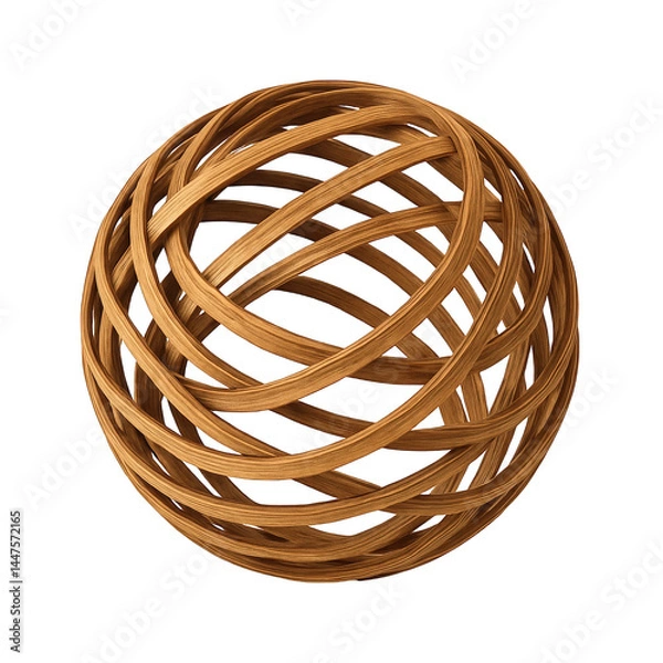 Obraz An intricate open sphere formed by uniquely interlocking rich, warm-toned wooden bands with detailed wood grain texture.