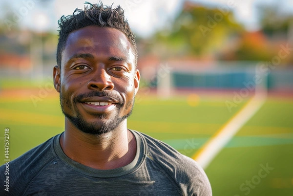 Fototapeta This captivating image showcases a confident man positioned in front of a vibrant soccer field, perfectly capturing essence of sportsmanship, physical well being, and joy of engaging in outdoor activi