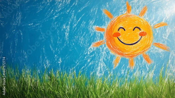 Obraz Crayon drawing of smiling sun over grass with blue sky background