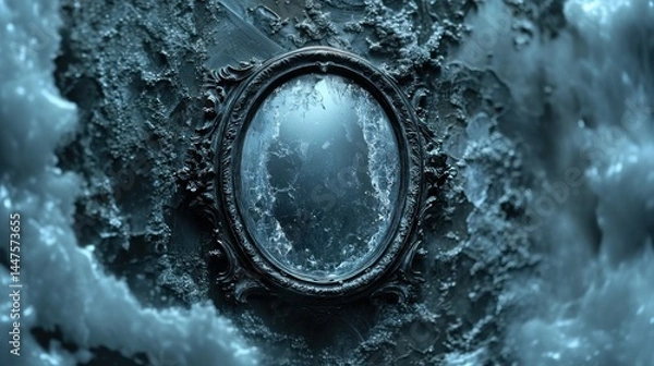 Fototapeta Vintage ornate mirror with frosted ice texture in dark mystical setting