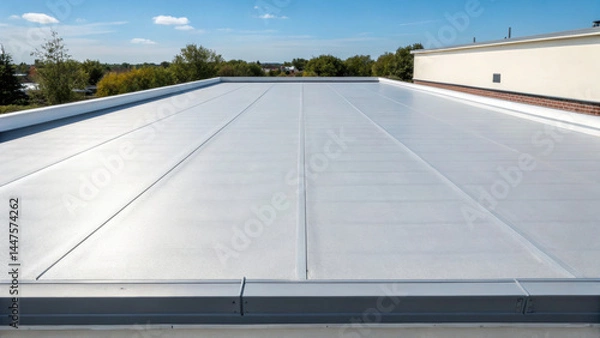Fototapeta Flat roof surface with waterproof membrane under clear blue sky on sunny day, showing modern construction and clean architectural lines with trees in background