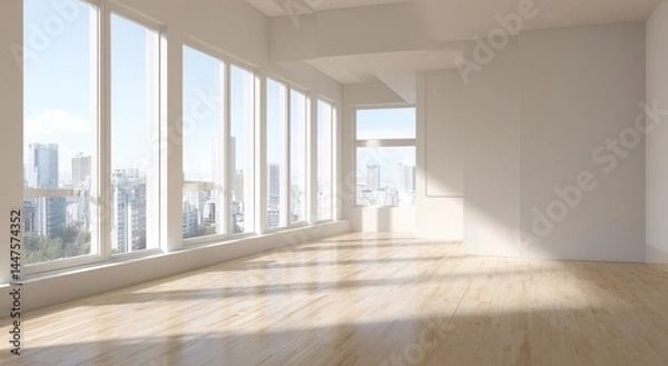 Fototapeta Modern City View Apartment: Sunlight Streams into Spacious Room with Hardwood Floors and Large Windows, Offering Breathtaking Panoramic Views