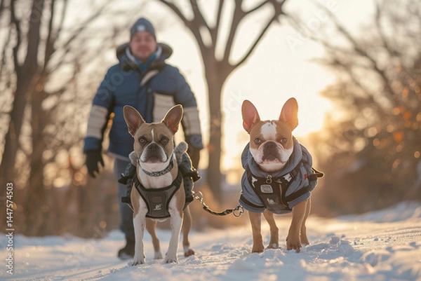 Fototapeta Two adorable dogs eagerly guide path towards a friendly man donning a cozy winter jacket, complete with a secure and stylish dog harness    