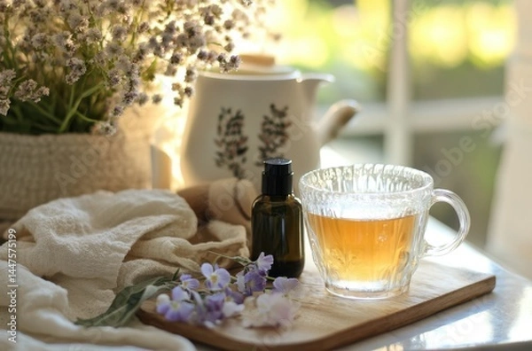 Fototapeta A peaceful morning routine with herbal tea,