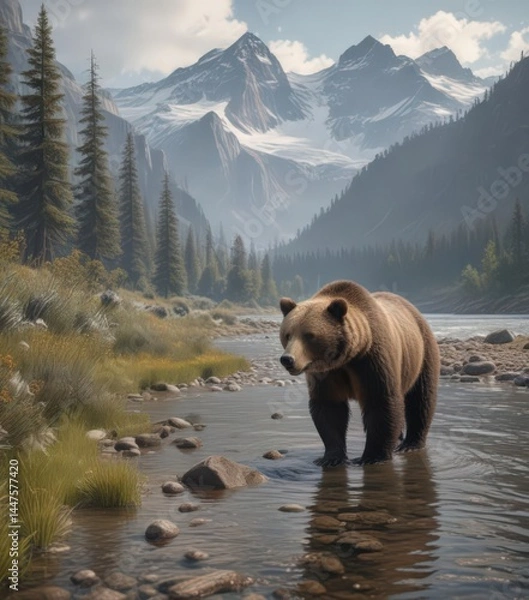 Fototapeta Grizzly bear foraging near river, mountain backdrop, trees, rock, conservation