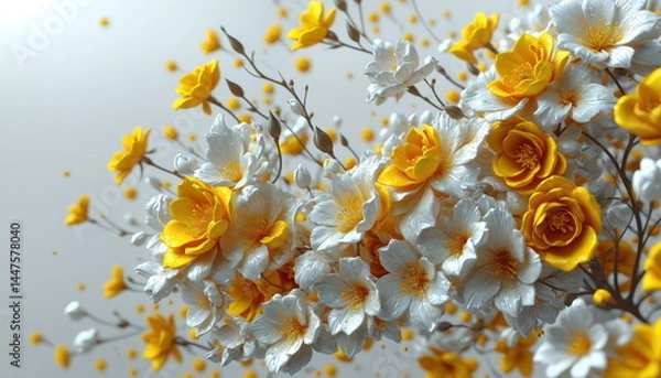 Fototapeta Close-up of white and yellow flowers blooming in a gentle breeze, with a soft, light background