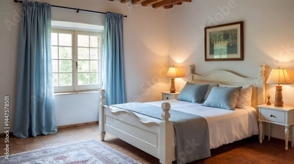 Fototapeta A Mediterranean-style bedroom with fluttering blue linen curtains on the windows, a white wooden bed, a patterned rug, and handmade ceramic lighting creates a cozy atmosphere.