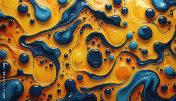Fototapeta Close-up of a vibrant blue and yellow abstract paint texture with swirling patterns and bubbles