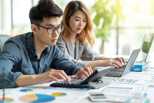 Fototapeta Young colleagues utilize calculators and laptops to analyze business and price charts, calculating financial, tax, accounting, statistical, and analytical research concepts during their discussions   