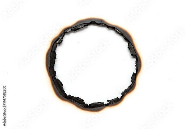 Fototapeta A burnt hole in white paper with charred edges forming a circular shape on a clean background