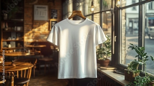 Fototapeta Blank white t shirt hanging in sunny cafe soft light blurred background perfect for mockup