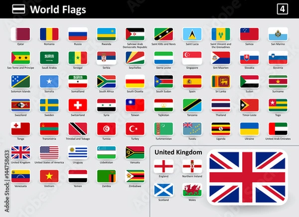 Fototapeta Ikony flag świata z nazwami w kolejności alfabetycznej - zestaw 4. Płaski. Ilustracji wektorowych.