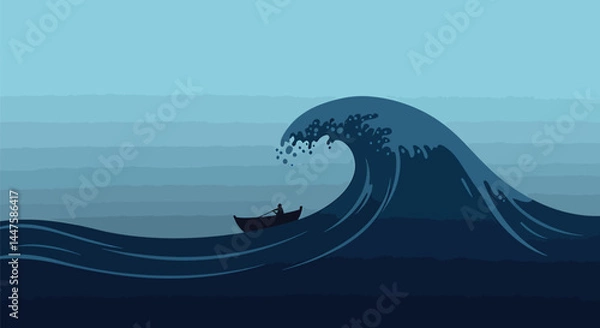 Fototapeta Tiny Boat Silhouette in Giant Wave