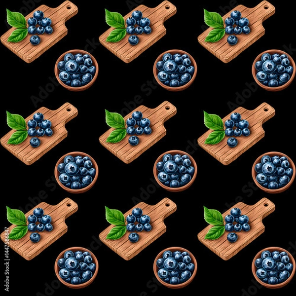 Fototapeta Elegant seamless pattern with blueberries in wooden bowls and on rustic cutting boards, arranged on a deep black background. Perfect for premium kitchen packaging, fabric prints, menu design.