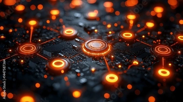 Fototapeta Futuristic circuit board with glowing orange nodes.
