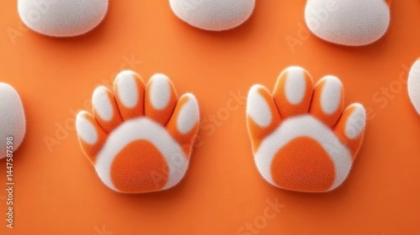 Fototapeta Vibrant Display of White and Orange Paws Resting on a Bright Orange Background Evoking Playful Warmth